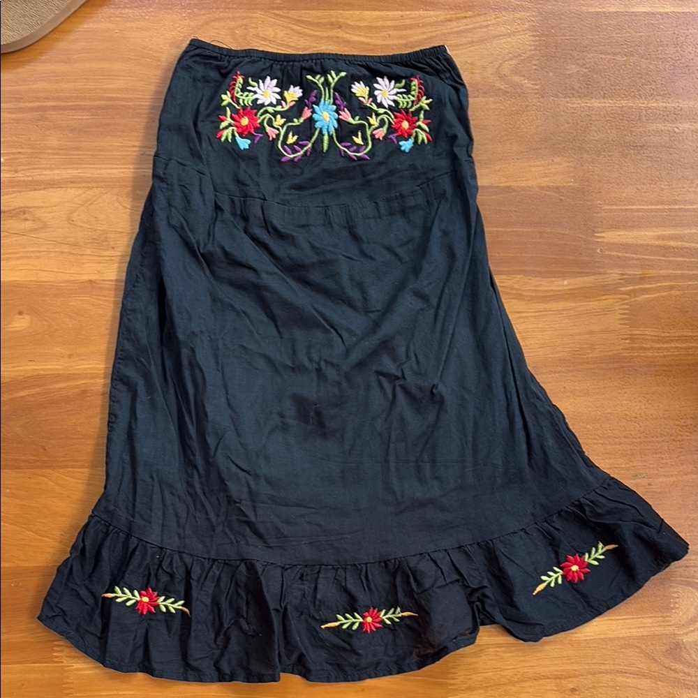 Blue Embroidered Maxi Dress with Ruffled A-line Style